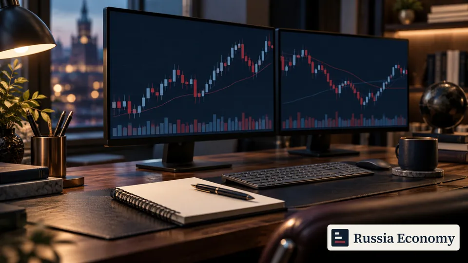 Two monitors with abstract candlestick charts on a desk beside a blank notebook, pen and keyboard.