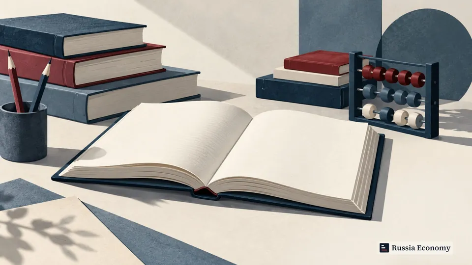 Open blank book beside stacked books, pencils and an abacus on a desk.