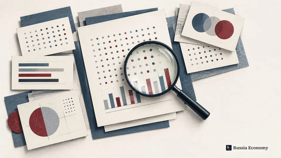 Magnifying glass over paper sheets with unlabeled dots and bars.