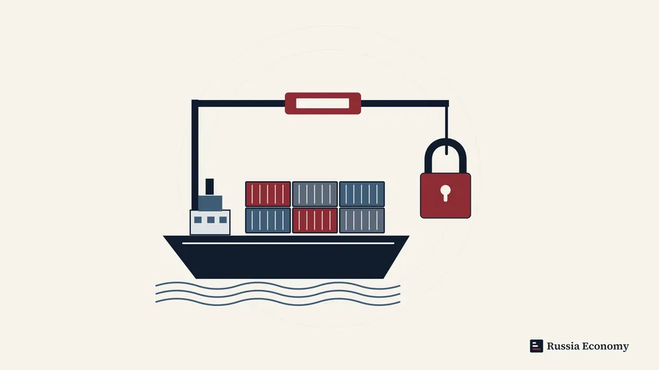 A cargo ship beneath a checkpoint frame with a suspended padlock.