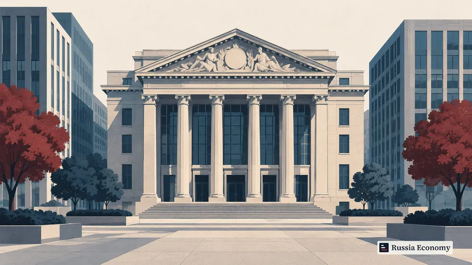 Illustration of a columned exchange building between modern office blocks.