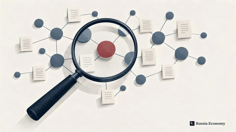 Magnifying glass over linked blue and claret circles with abstract document cards.