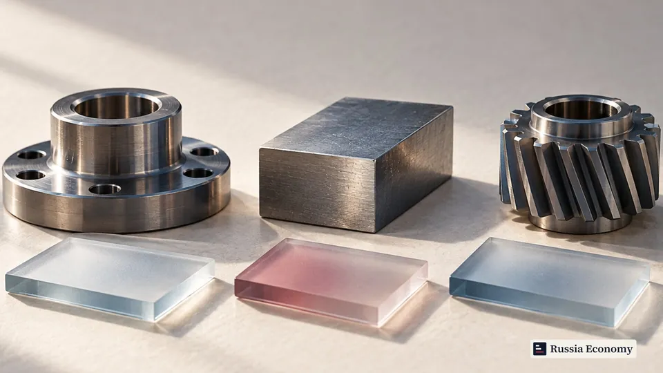 Machined steel components beside frosted glass tiles on a pale surface.