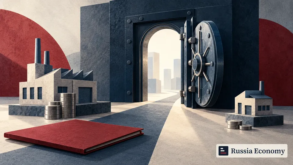 Editorial illustration of an open bank vault, two factory models, plain metal discs and a blank claret folder.