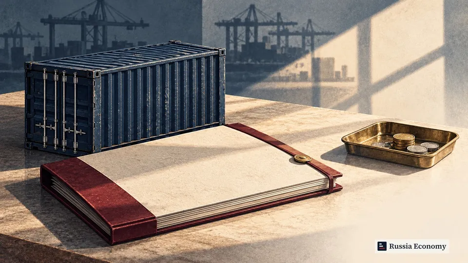 Conceptual illustration of a shipping container and export folder separated from a small tray of coins.