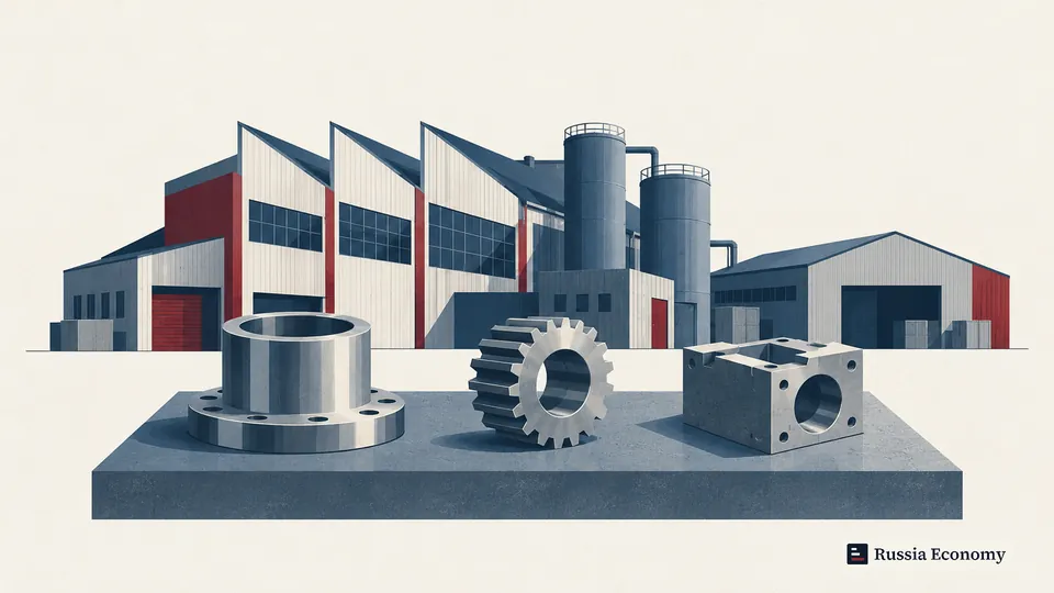 Illustration of a factory complex with storage cylinders and three machined metal parts.