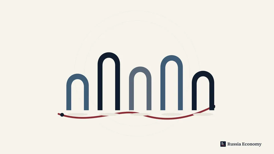 Five archways of different heights alongside a winding path, illustrating distinct economic crises.