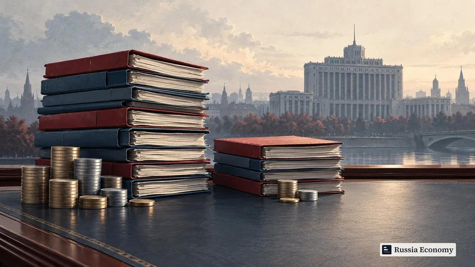 Unequal stacks of blank budget folders and coins on a desk overlooking a civic building.