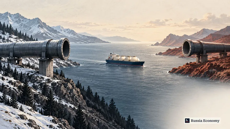 Separate open pipelines on opposite shores with an LNG carrier between them.