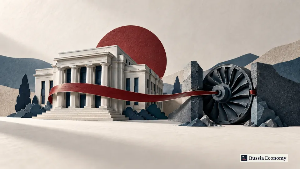 A stylized bank building connected by a claret ribbon to a turbine between stone blocks.