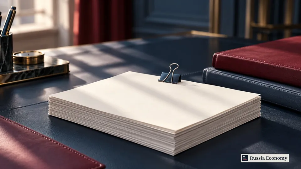 Blank paper folios and a steel binder clip on an ink-colored desk.