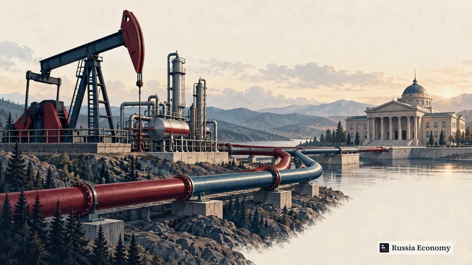 An oil pump and gas-processing equipment connected by pipes to a civic building.