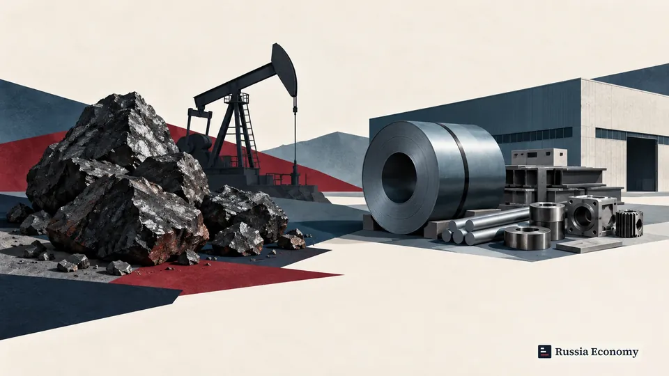 Mineral rocks and an oil pump beside a steel coil, manufactured components and a warehouse.